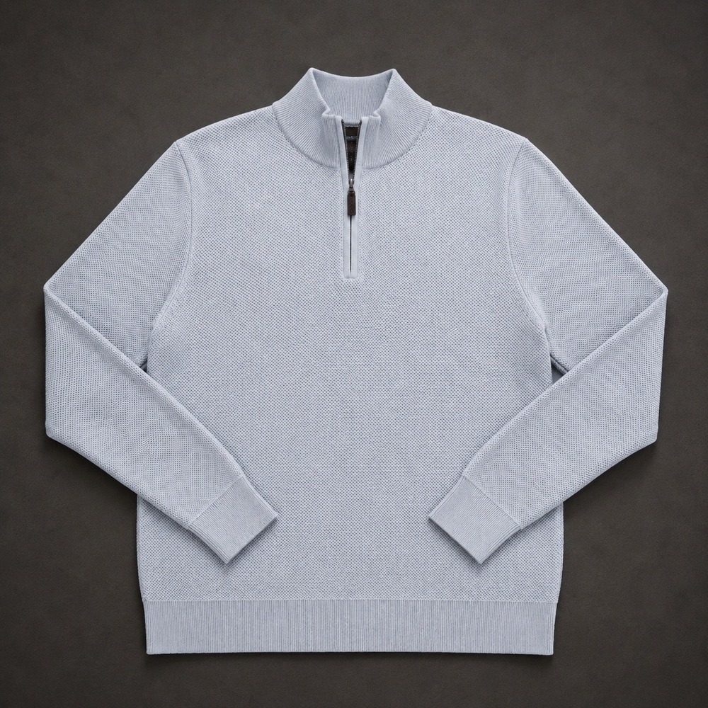 Magaschoni Mens XL Quarter Zip Pullover Sweater Light Blue Cotton Textured Knit